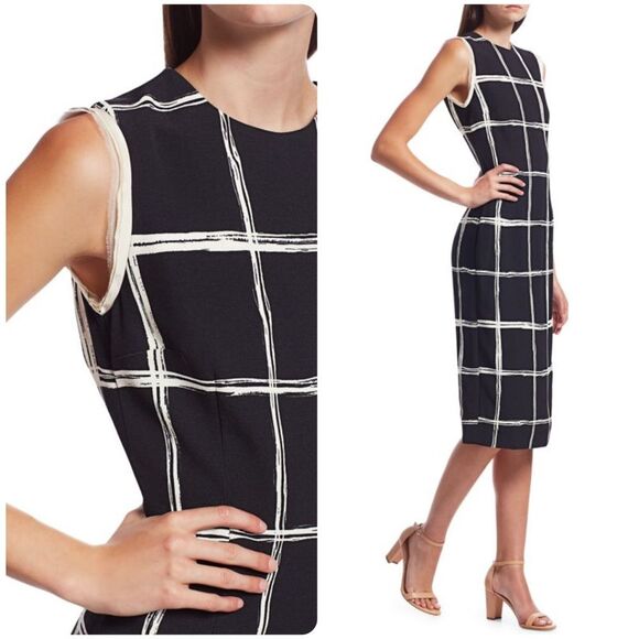 Jason Wu Collection Windowpane Stretch Crepe Sheath Dress in Black Chalk -Size 6 - Picture 2 of 8